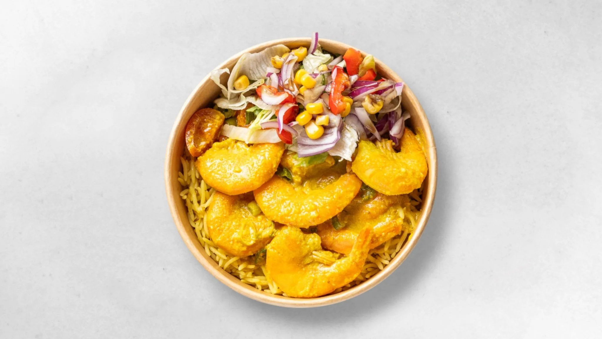 Shrimps Cocos mit Reis und frischem Salat